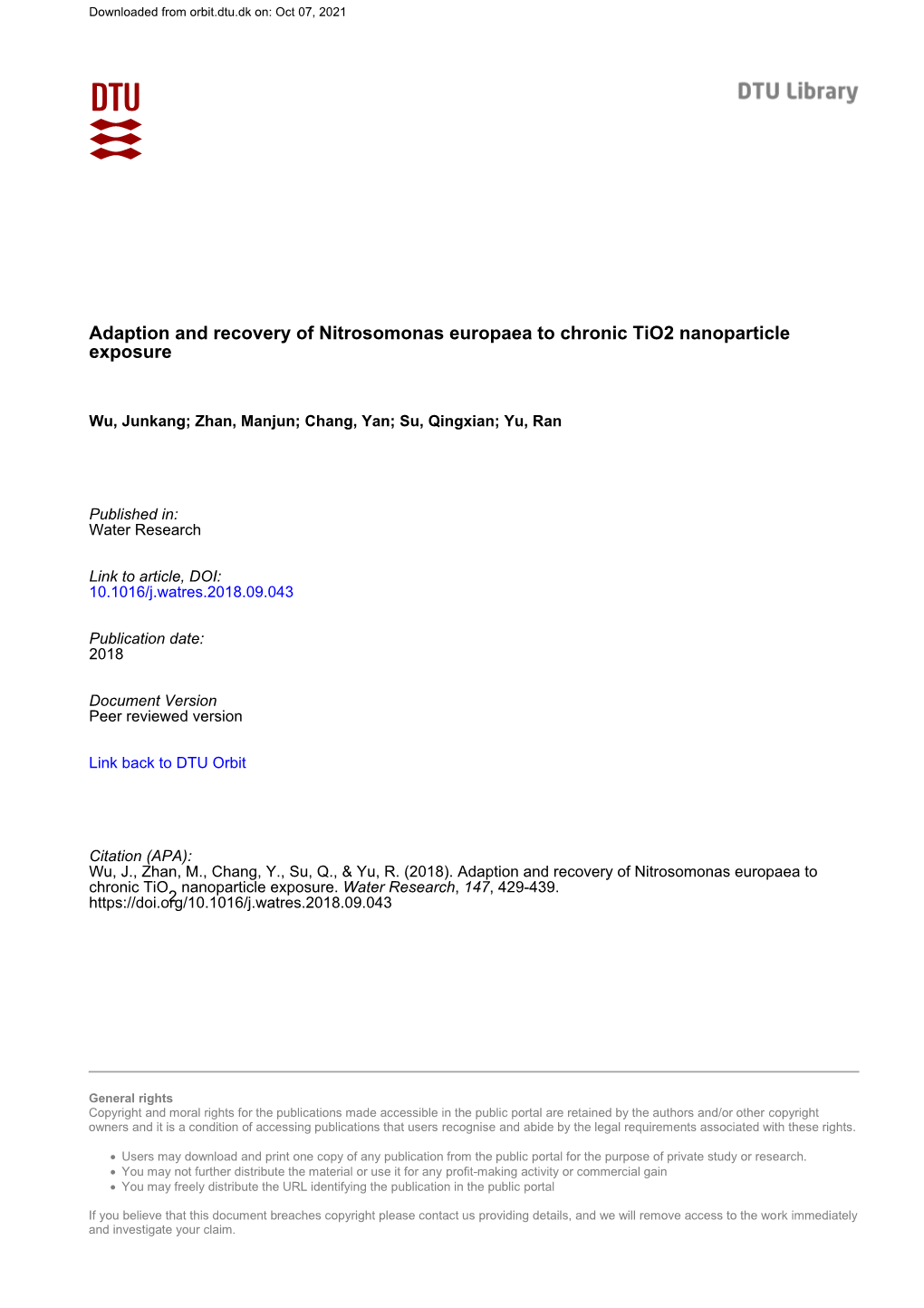 Adaption and Recovery of Nitrosomonas Europaea to Chronic Tio2 Nanoparticle Exposure