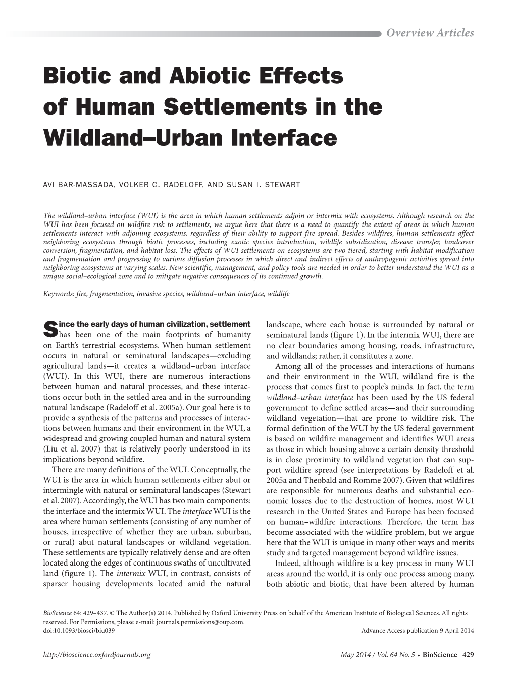 Biotic and Abiotic Effects of Human Settlements in the Wildland–Urban Interface