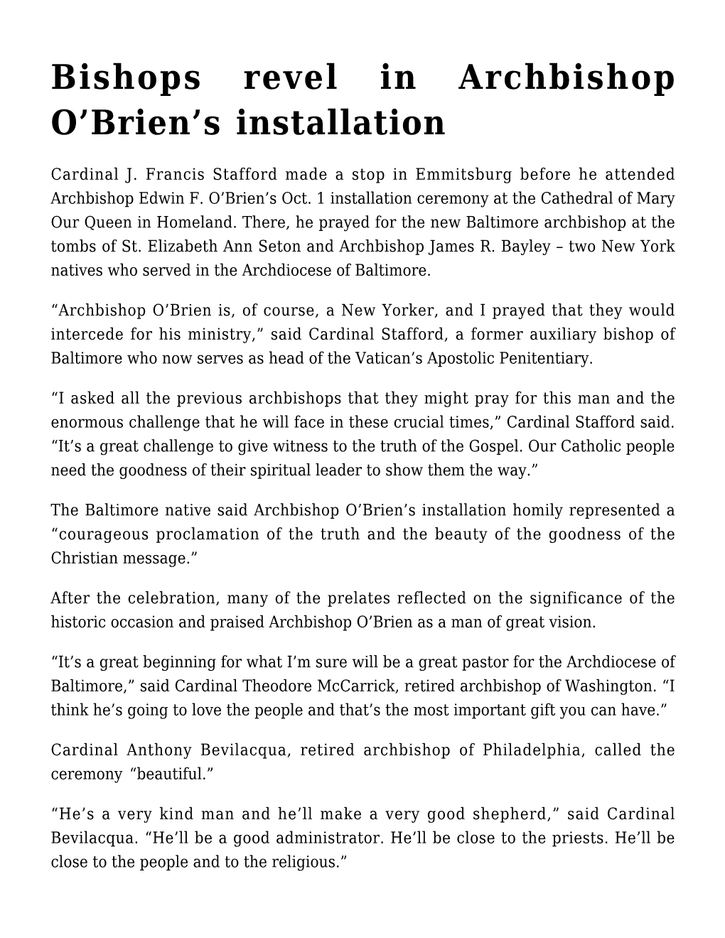 Bishops Revel in Archbishop O'brien's Installation