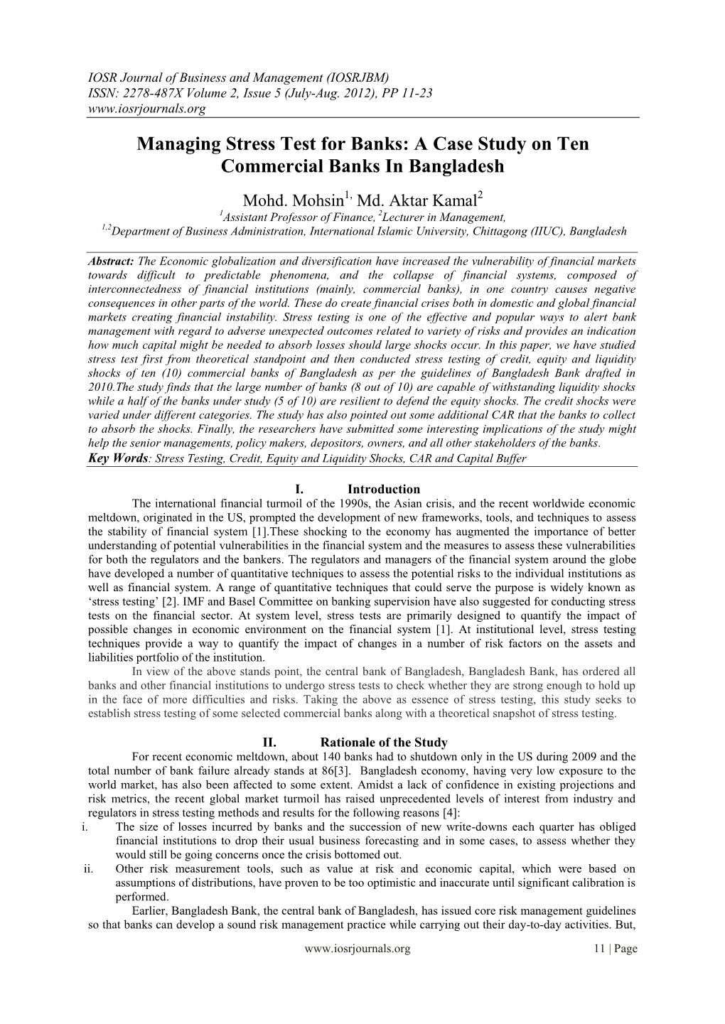 Managing Stress Test for Banks: a Case Study on Ten Commercial Banks in Bangladesh