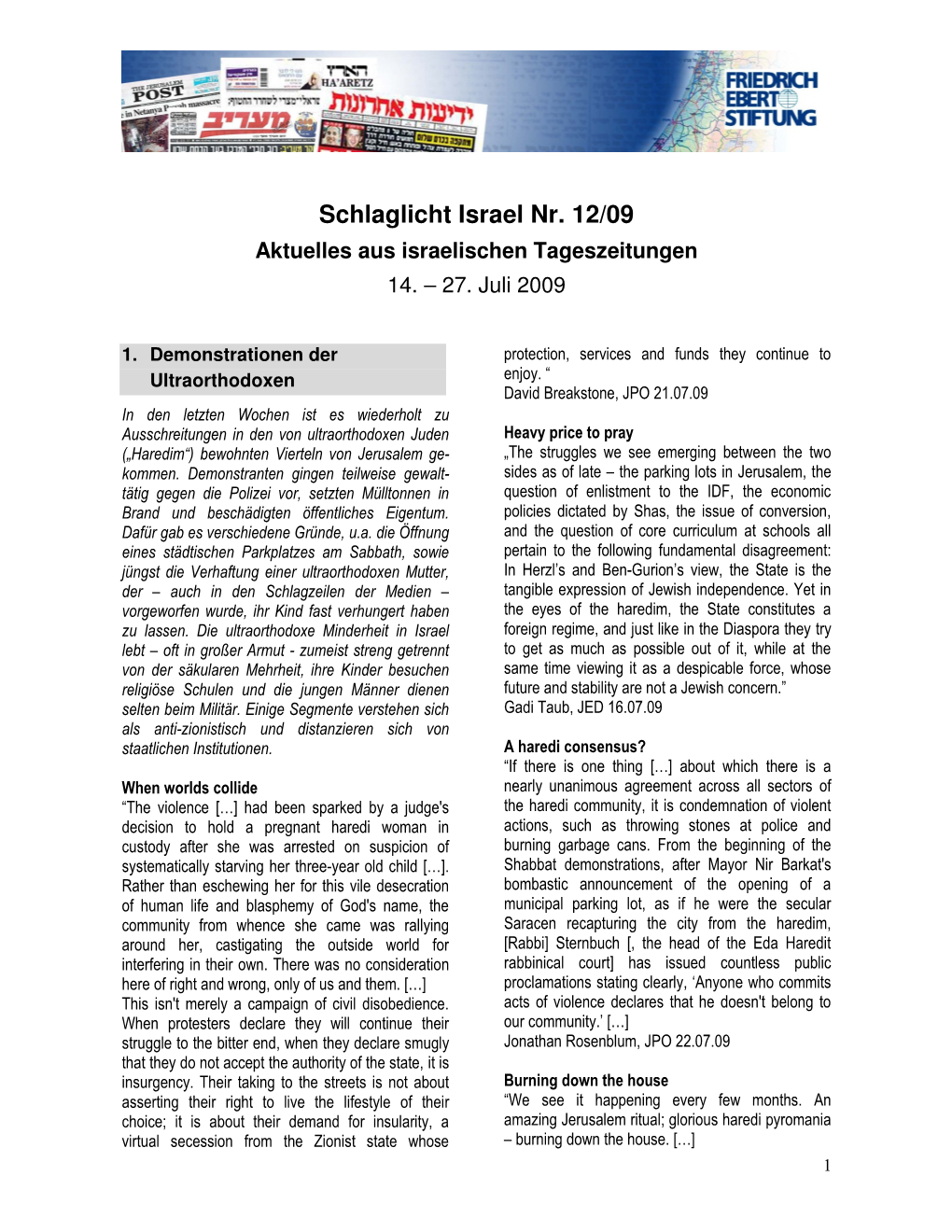 Schlaglicht Israel Nr. 12/09 Aktuelles Aus Israelischen Tageszeitungen 14