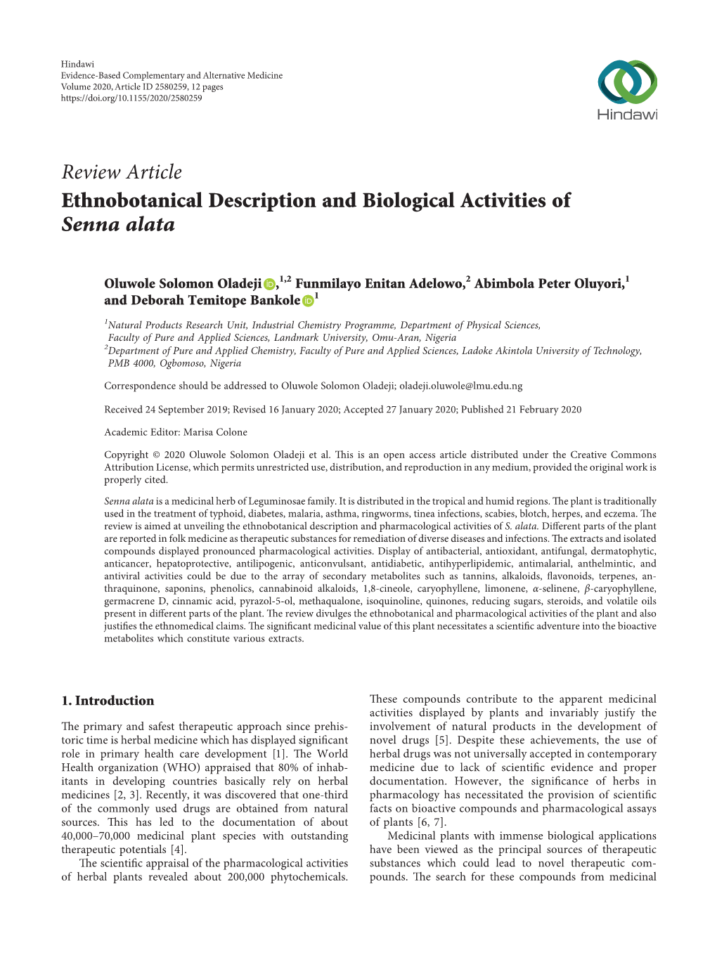 Review Article Ethnobotanical Description and Biological Activities of Senna Alata