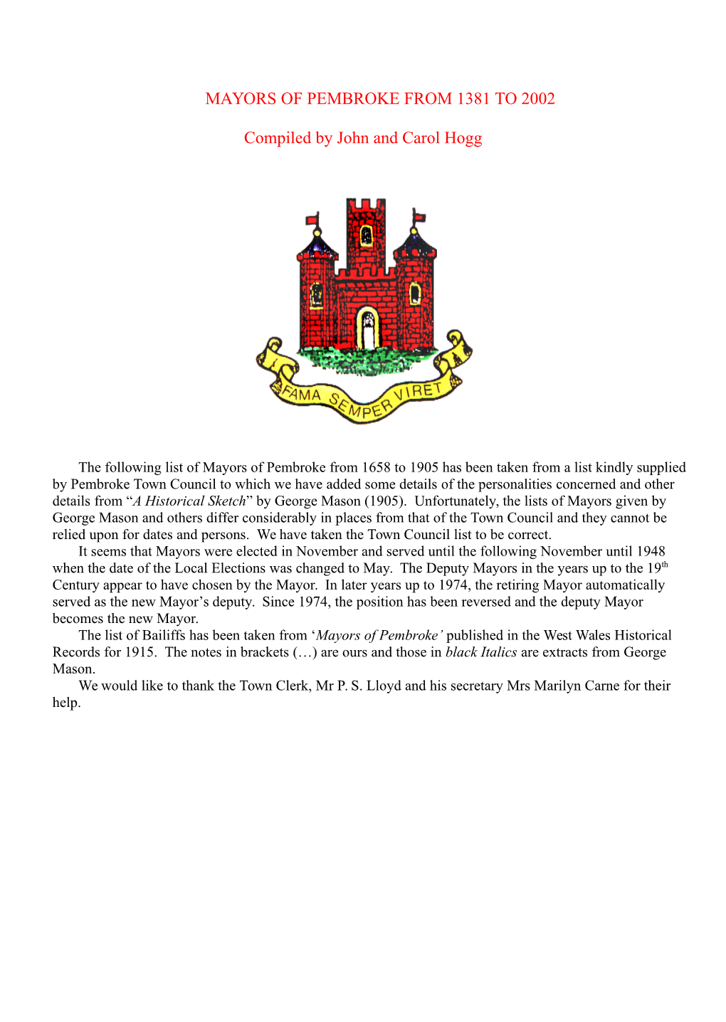 MAYORS of PEMBROKE from 1381 to 2002 Compiled by John