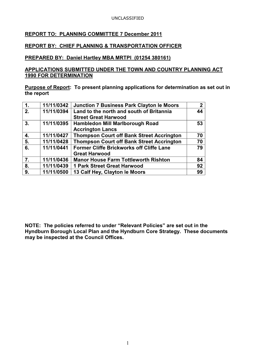 PLANNING COMMITTEE 7 December 2011 REPORT BY