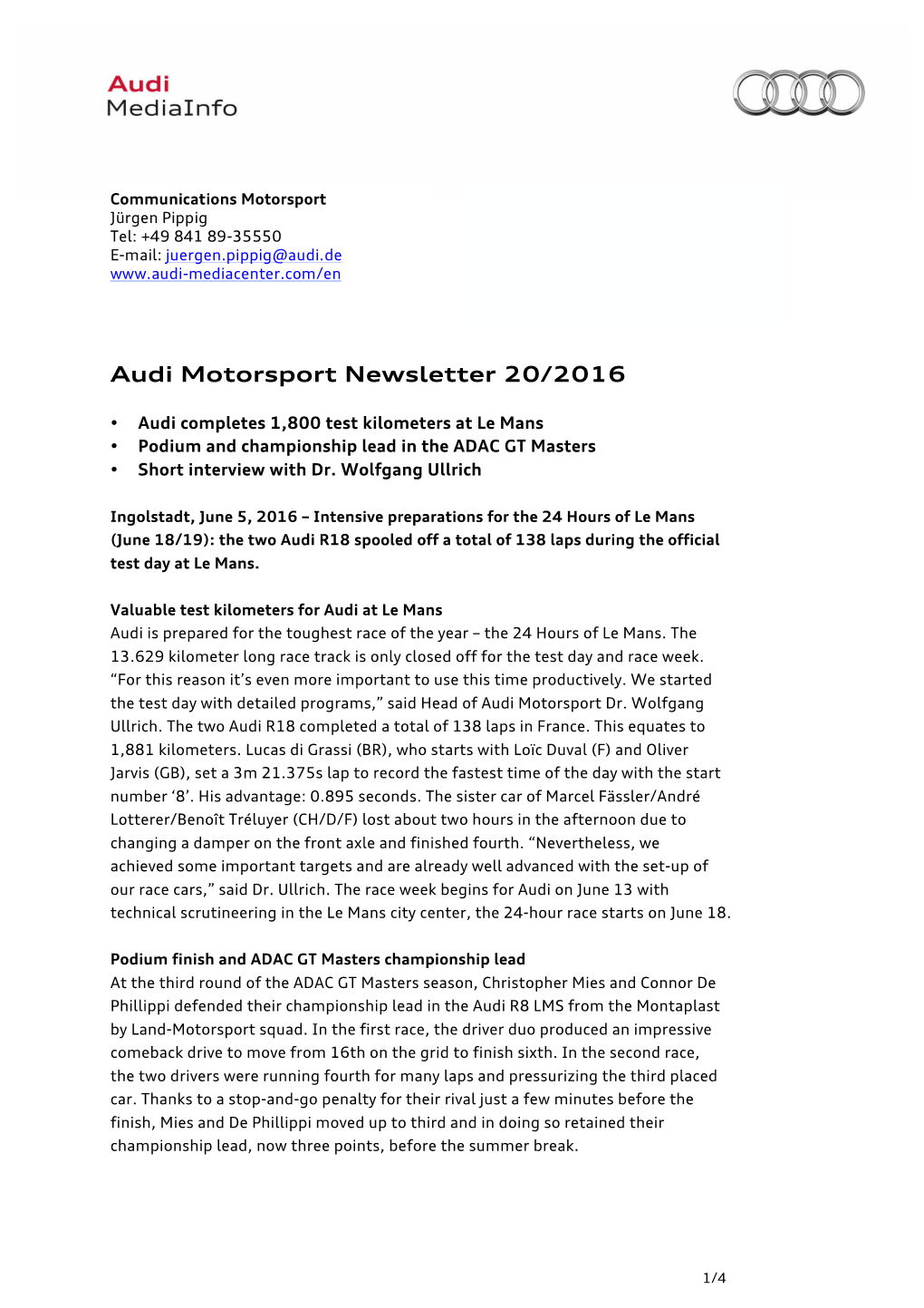 Audi Motorsport Newsletter 20/2016