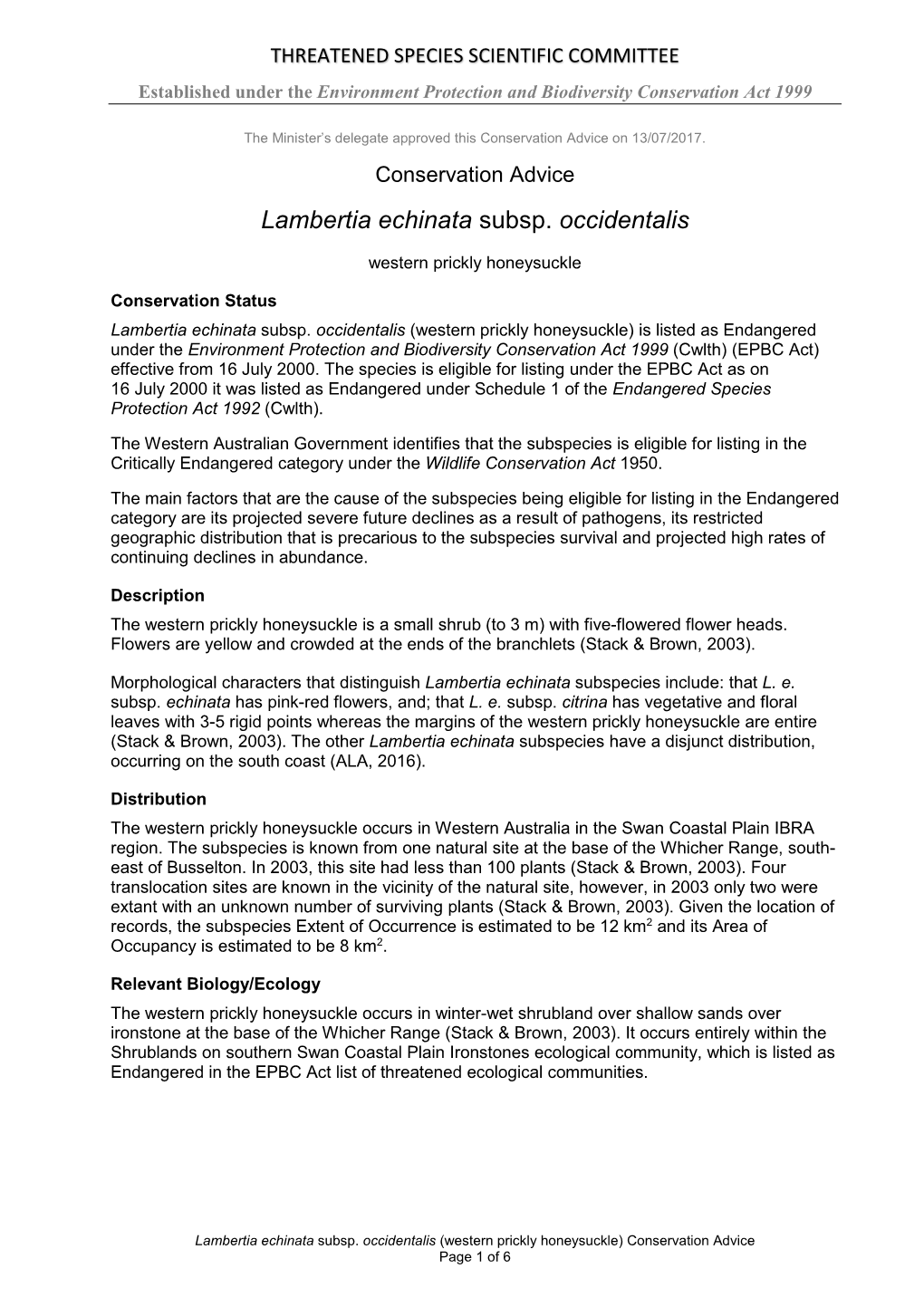 Conservation Advice Lambertia Echinata Subsp. Occidentalis