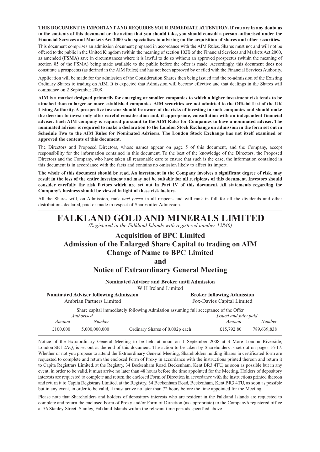 Falkland Gold and Minerals Limited