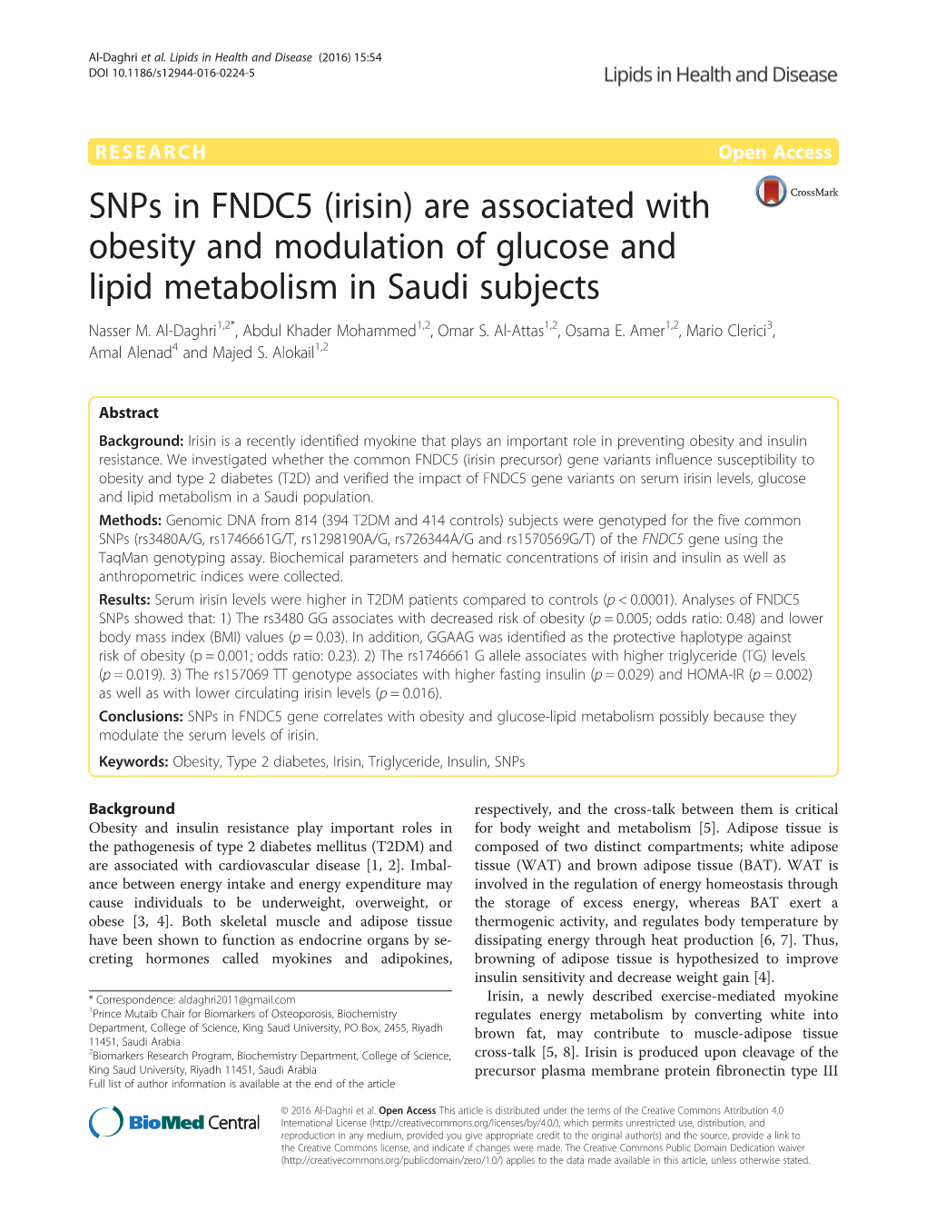 Snps in FNDC5 (Irisin) Are Associated with Obesity and Modulation of Glucose and Lipid Metabolism in Saudi Subjects Nasser M