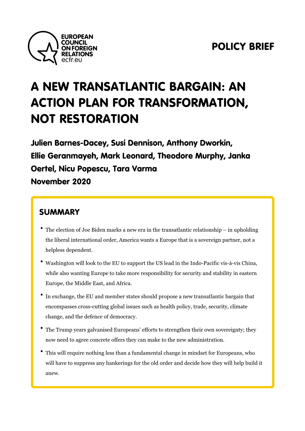 A New Transatlantic Bargain: an Action Plan for Transformation, Not Restoration