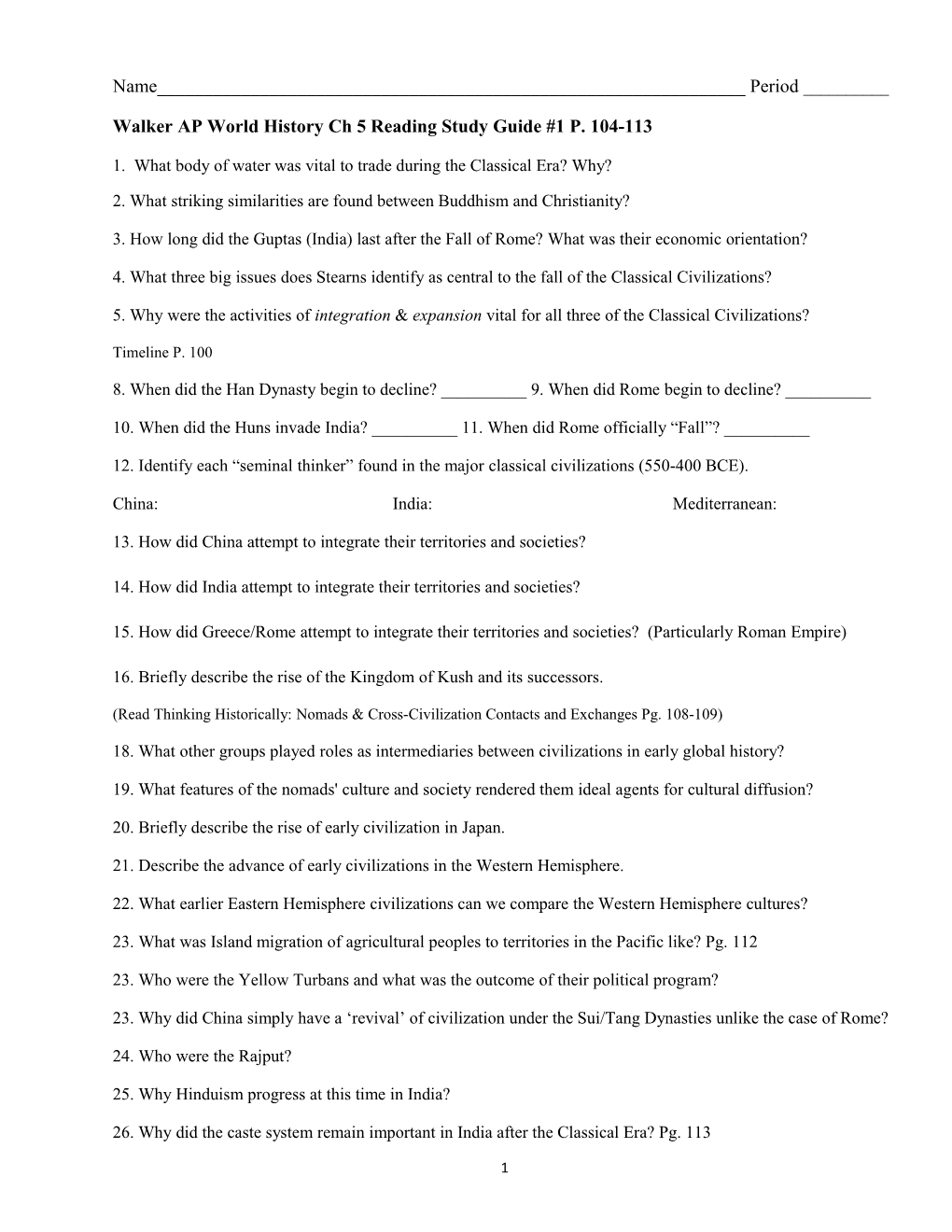 Walker AP World History Ch 5 Reading Study Guide #1 P. 104-113