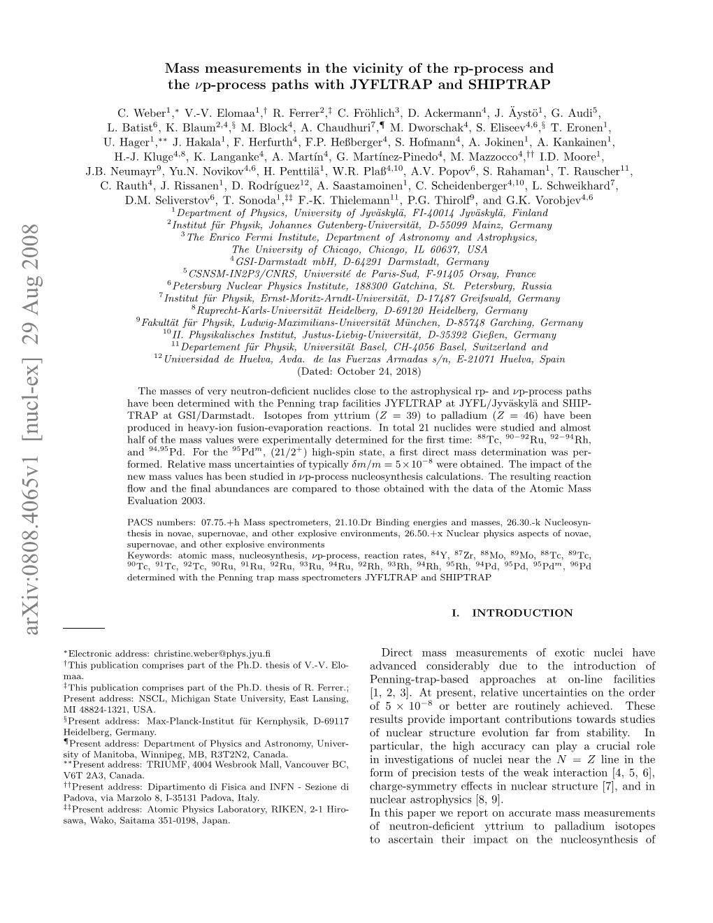 Mass Measurements in the Vicinity of the Rp-Process and the Nu P