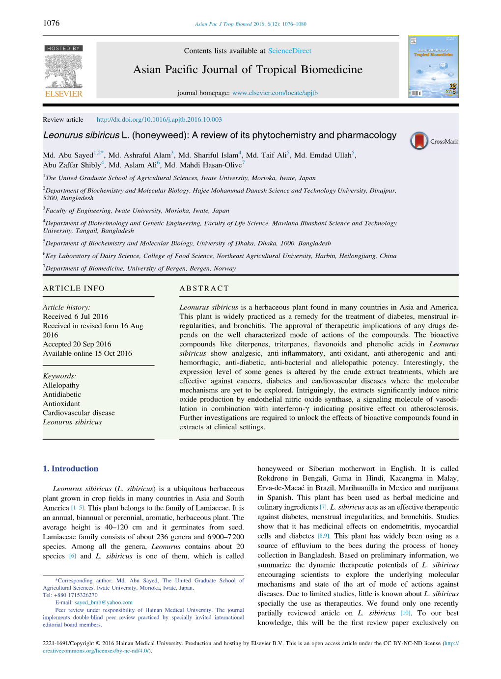 Leonurus Sibiricus L. (Honeyweed): a Review of Its Phytochemistry and Pharmacology