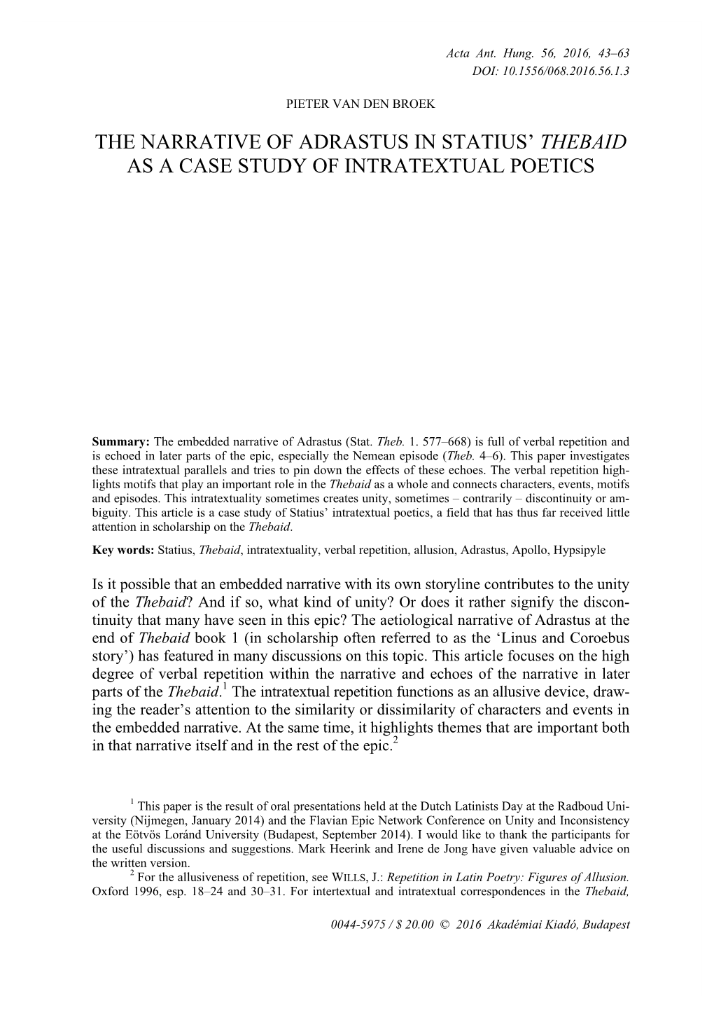 The Narrative of Adrastus in Statius' Thebaid As a Case Study Of