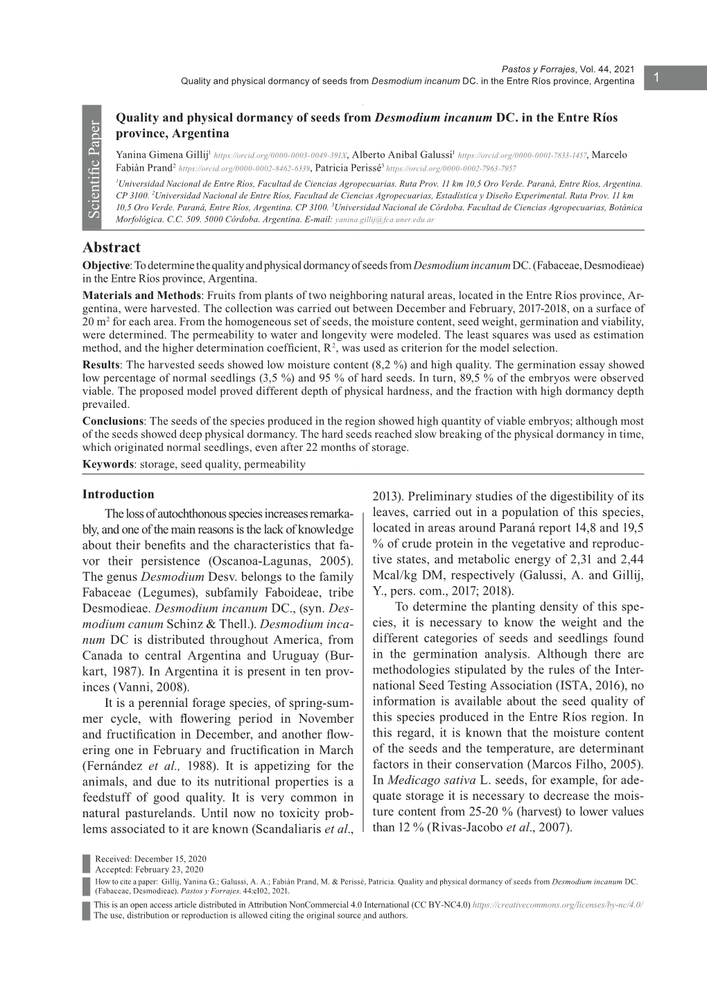 Quality and Physical Dormancy of Seeds from Desmodium Incanum DC