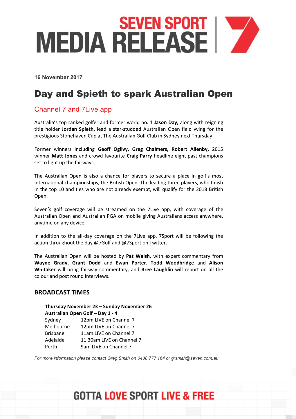 Day and Spieth to Spark Australian Open on Seven
