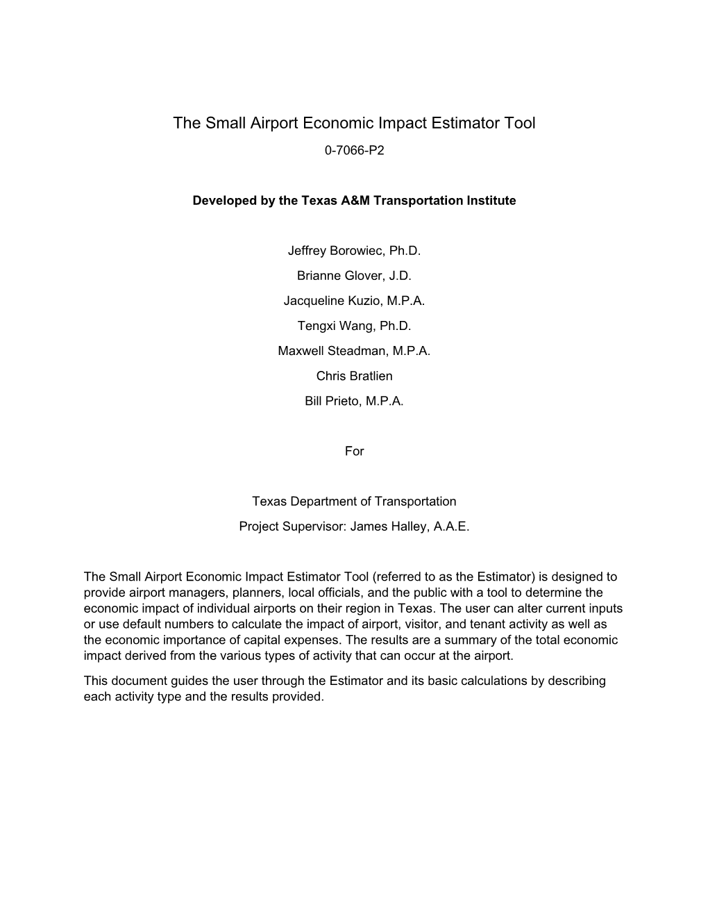 The Small Airport Economic Impact Estimator Tool 0-7066-P2