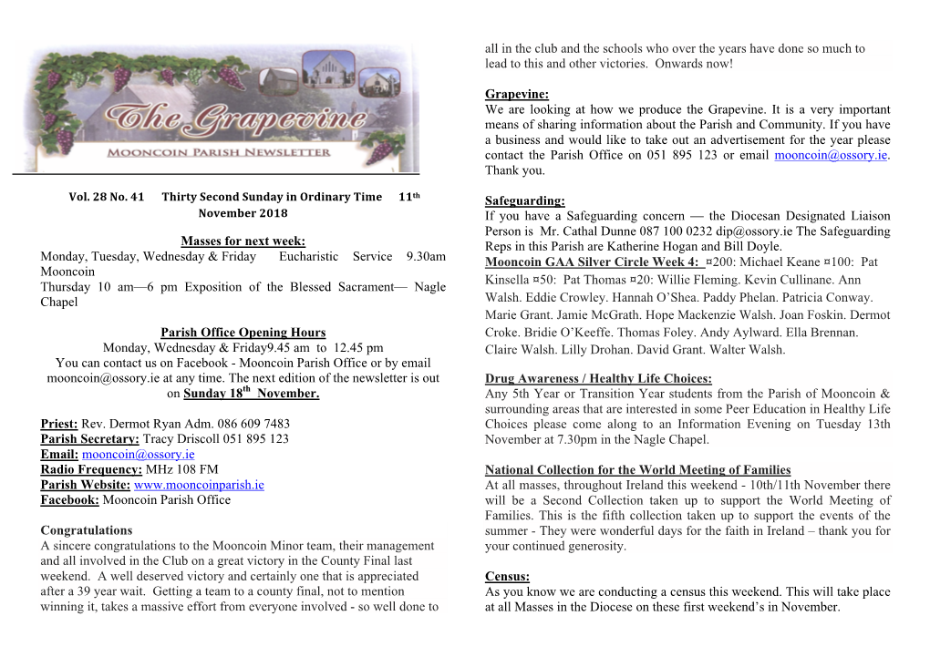 Mooncoin Parish Newsletter 11/11/18