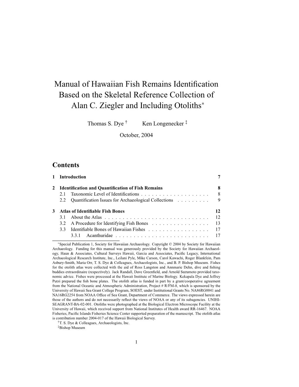 Manual of Hawaiian Fish Remains Identification Based on the Skeletal