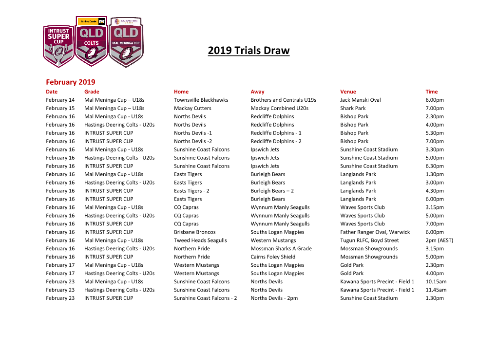 2019 Trials Draw