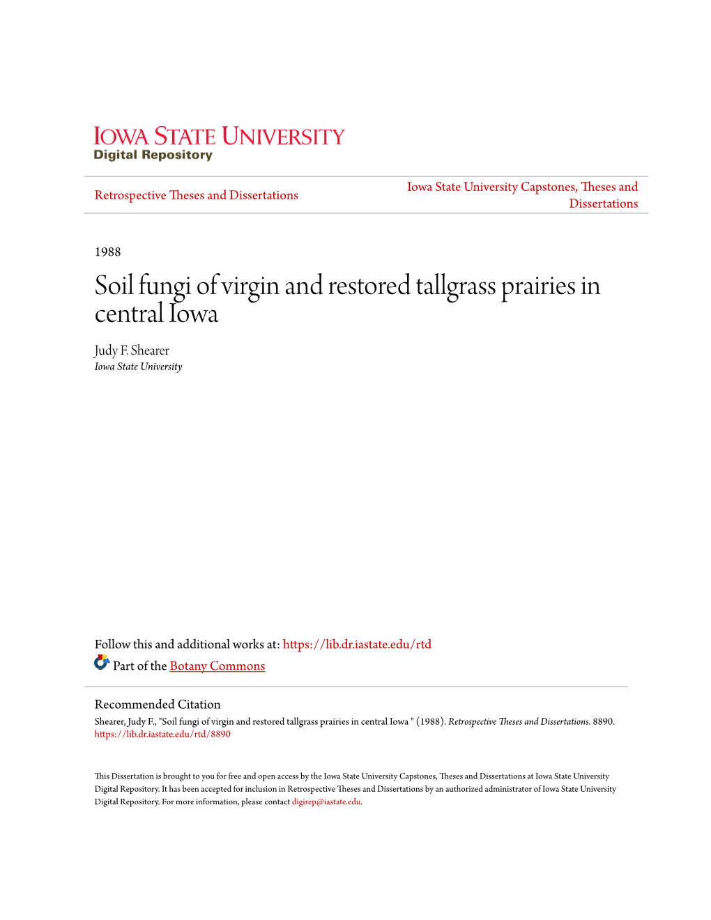 Soil Fungi of Virgin and Restored Tallgrass Prairies in Central Iowa Judy F