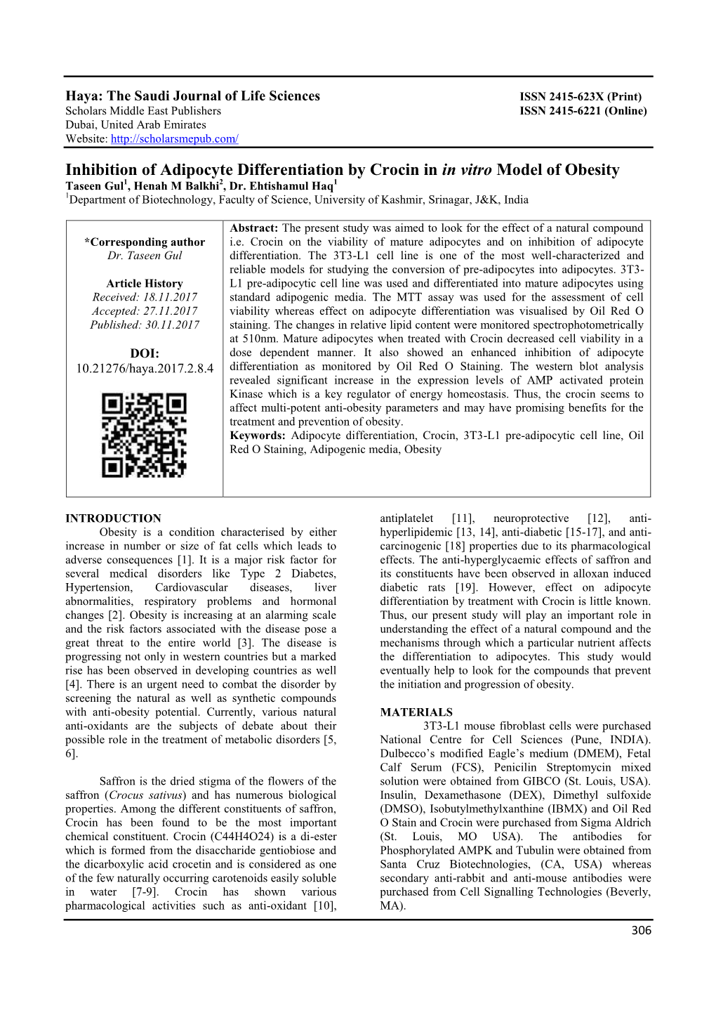 Inhibition of Adipocyte Differentiation by Crocin in in Vitro Model of Obesity Taseen Gul1, Henah M Balkhi2, Dr