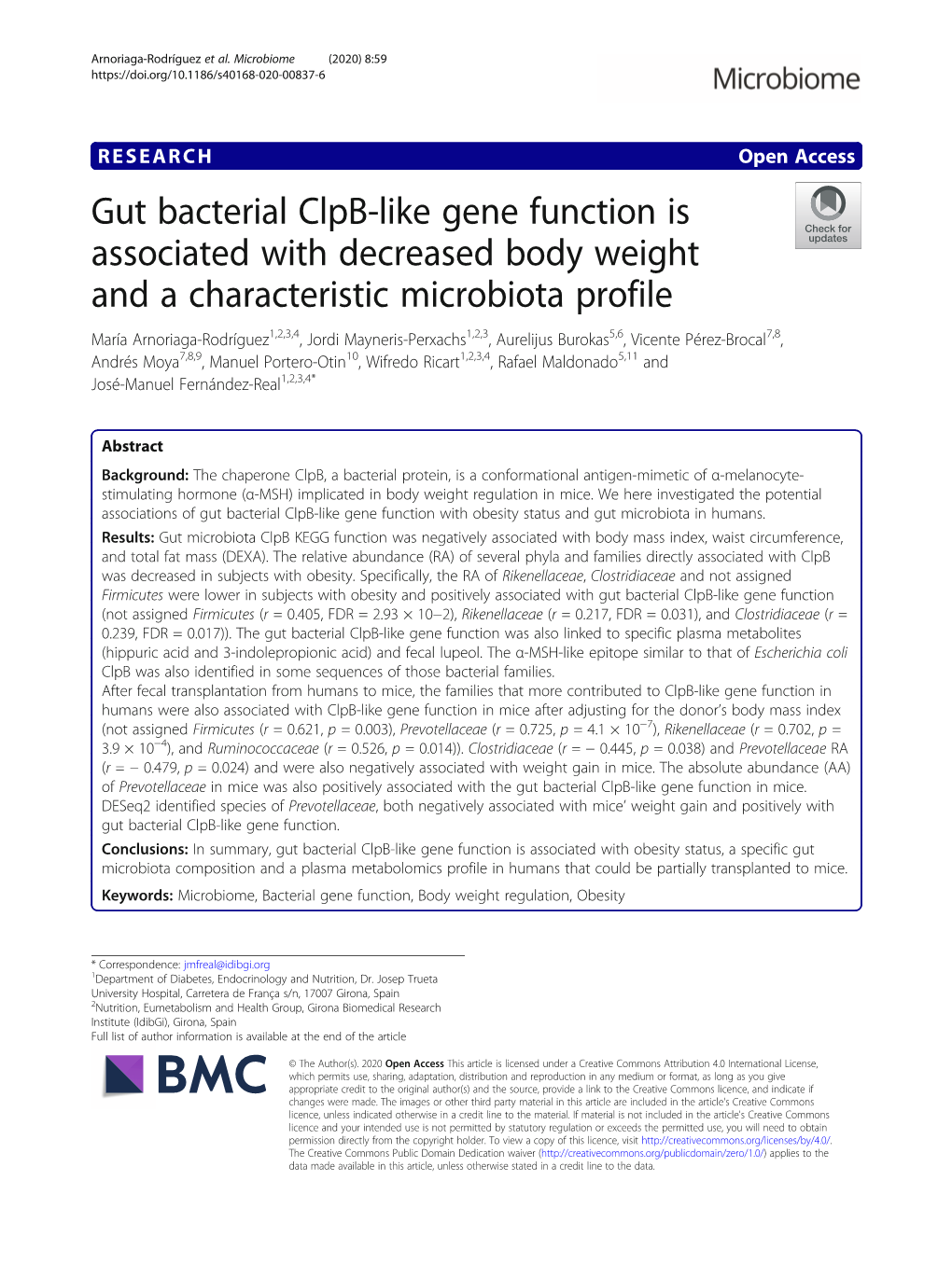 Gut Bacterial Clpb-Like Gene Function Is Associated with Decreased Body Weight and a Characteristic Microbiota Profile