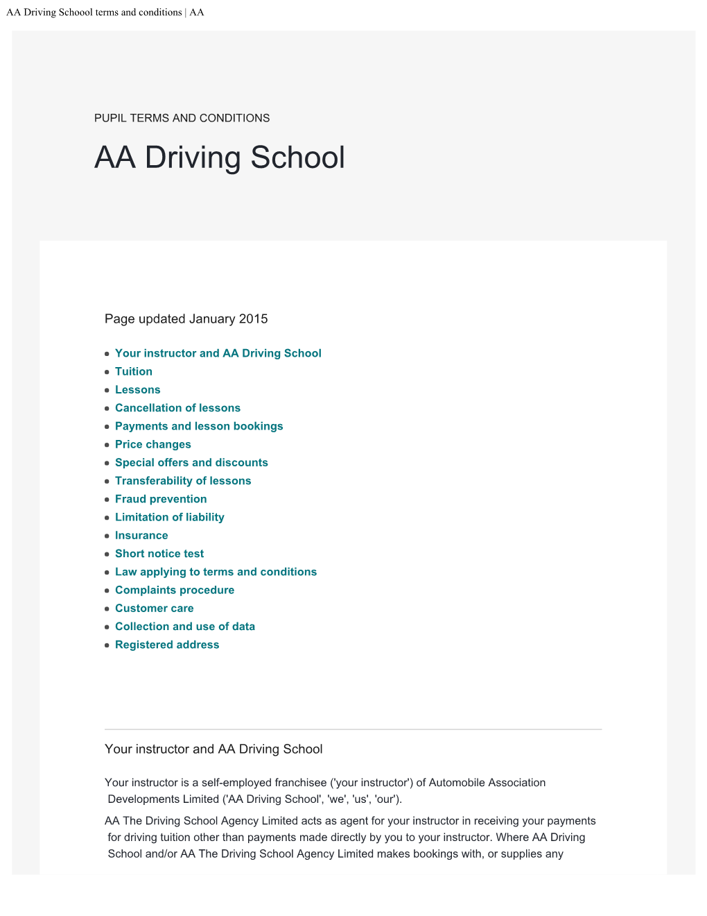 AA Driving Schoool Terms and Conditions | AA