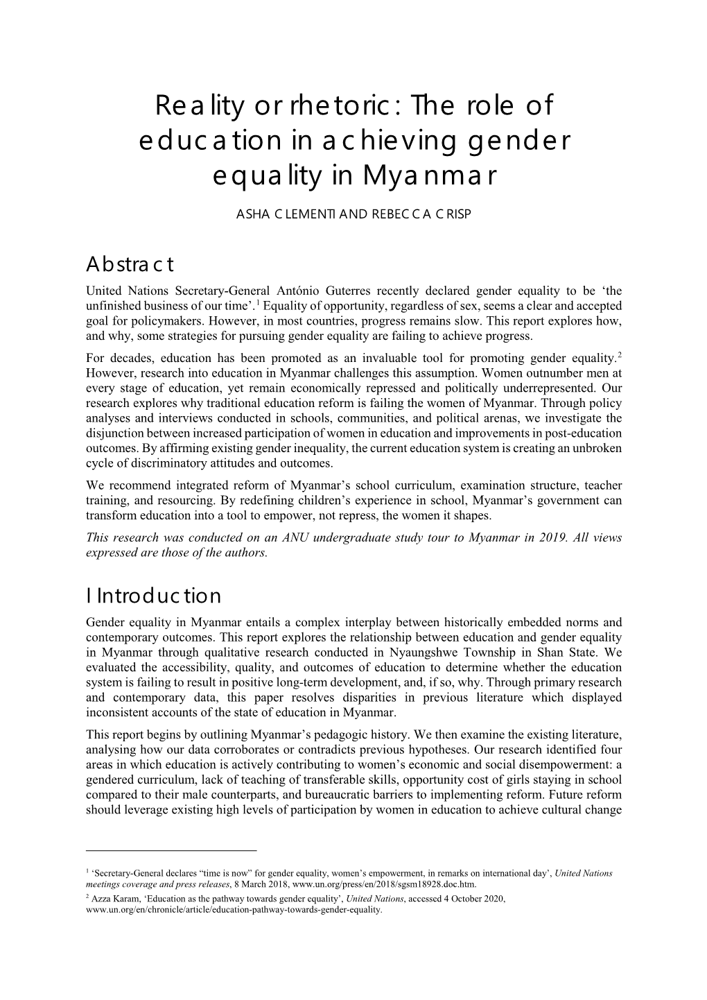 The Role of Education in Achieving Gender Equality in Myanmar