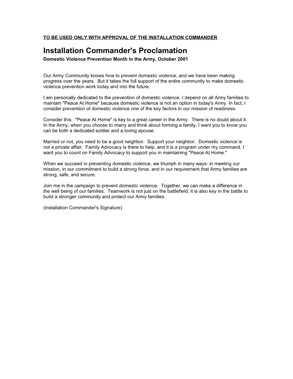 Installation Commander's Proclamation