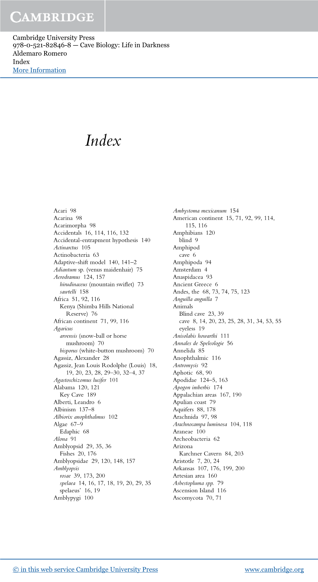 Cave Biology: Life in Darkness Aldemaro Romero Index More Information