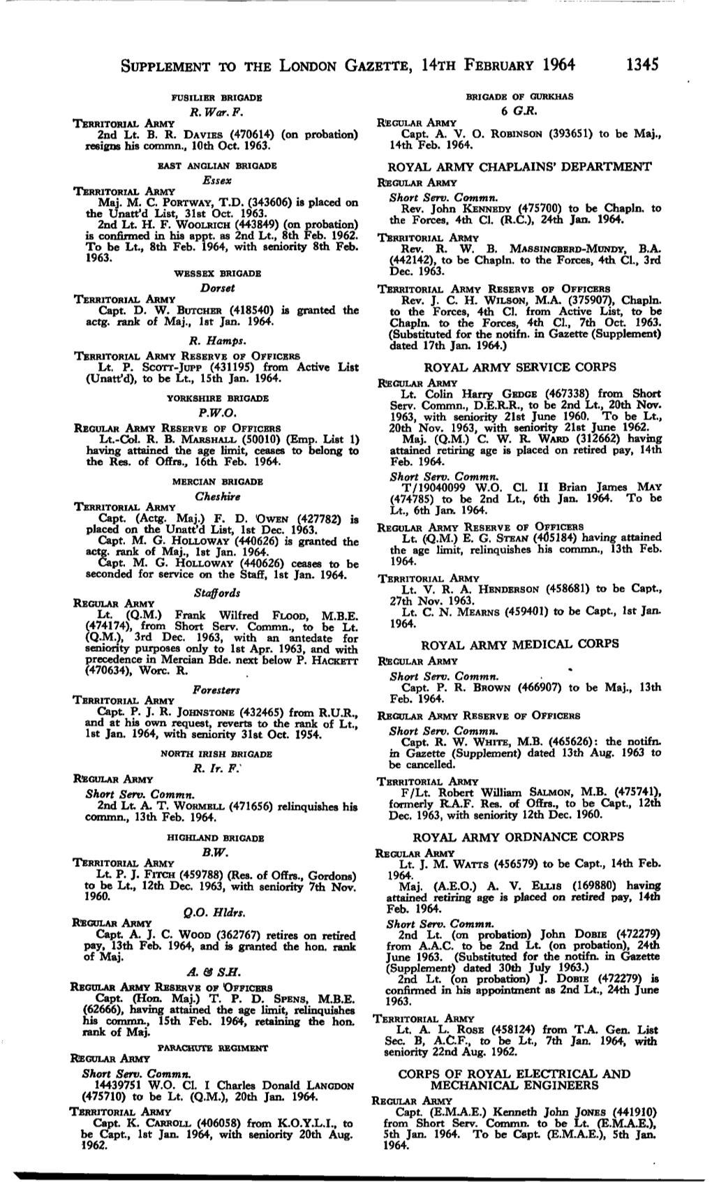 Supplement to the London Gazette, 14Th February 1964 1345