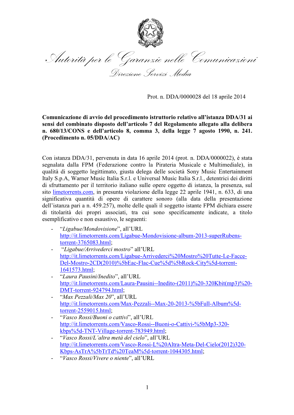 Autorità Per Le Garanzie Nelle Comunicazioni Direzione Servizi Media