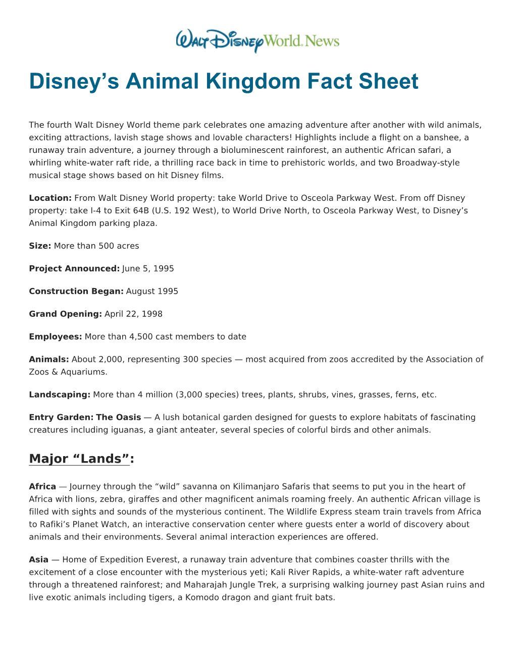 Disney's Animal Kingdom Fact Sheet