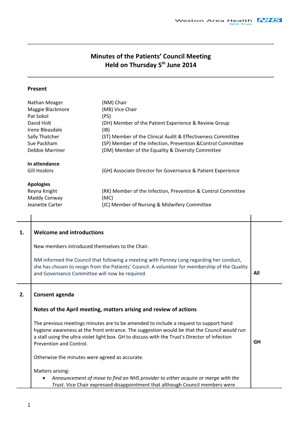 Minutes of the Patients Council Meeting