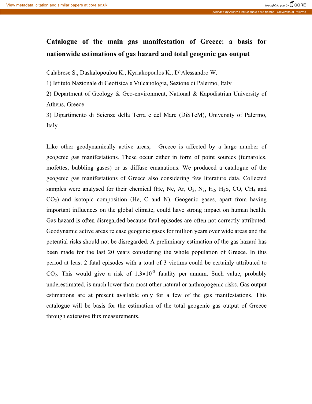 Catalogue of the Main Gas Manifestation of Greece: a Basis for Nationwide Estimations of Gas Hazard and Total Geogenic Gas Output