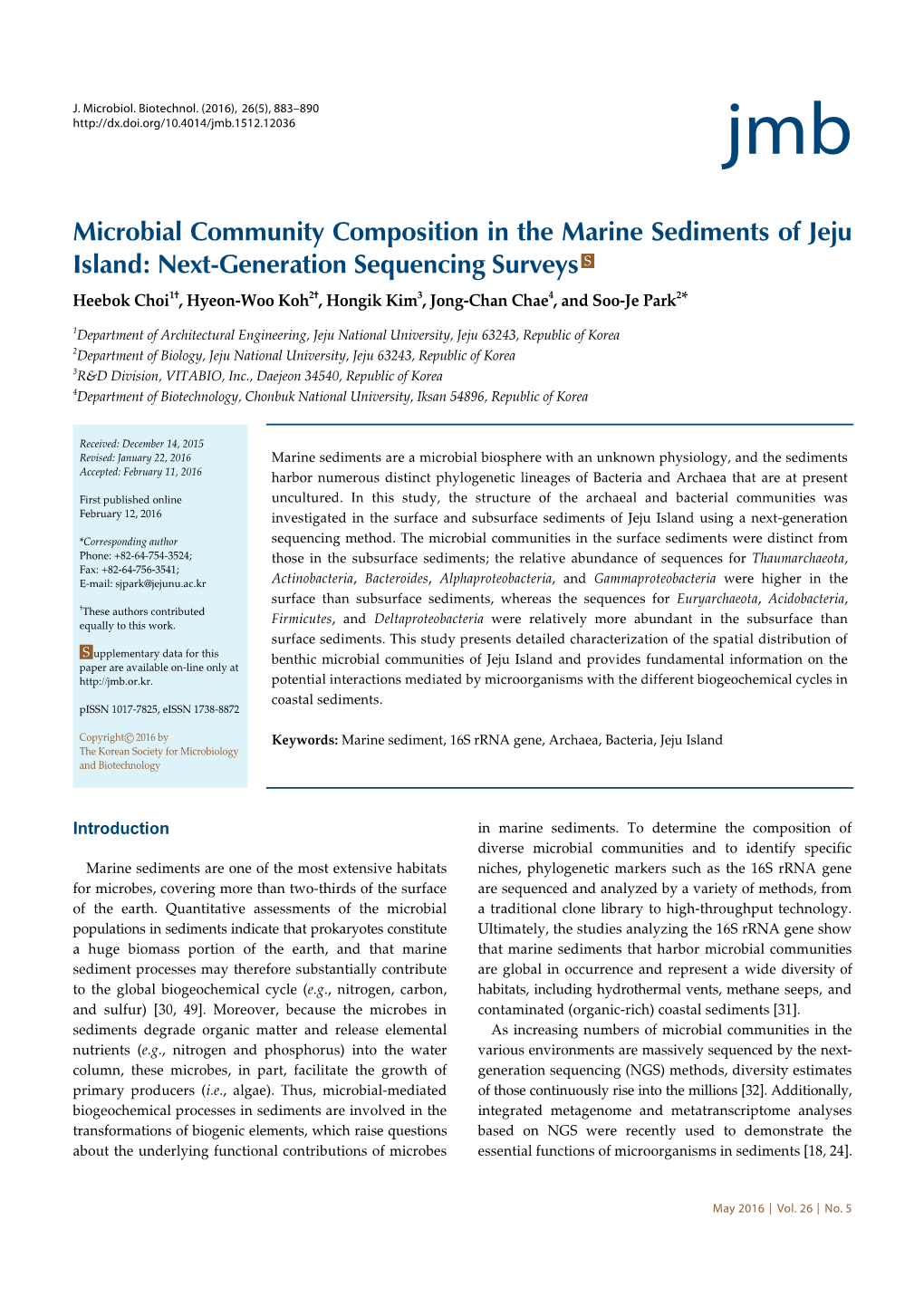 Microbial Community Composition in the Marine Sediments of Jeju Island: Next-Generation Sequencing Surveys