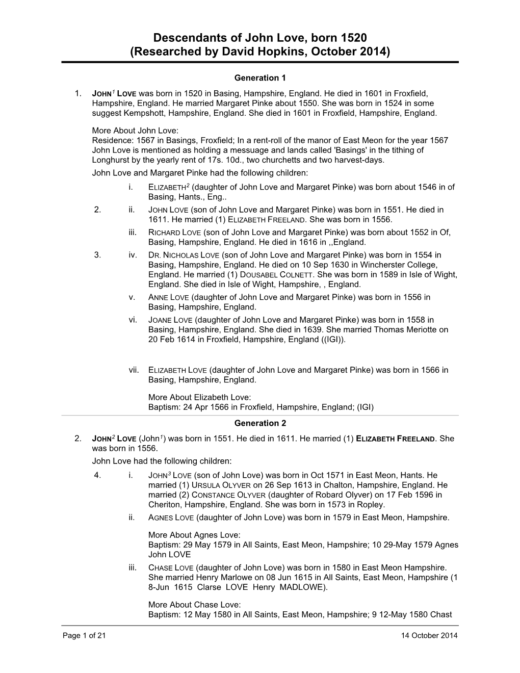 Descendants of John Love 1520