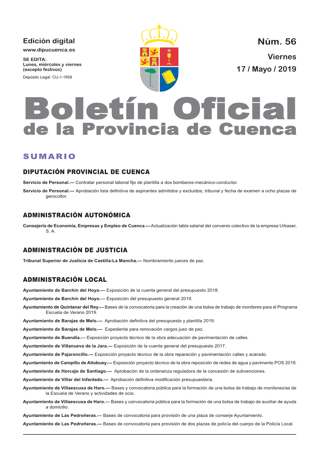 Boletín Oficial De La Provincia De Cuenca Sumario Diputación Provincial De Cuenca