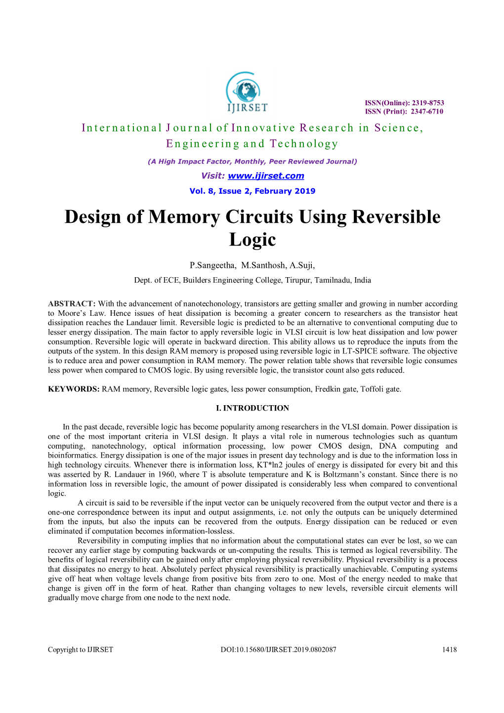 Design of Memory Circuits Using Reversible Logic