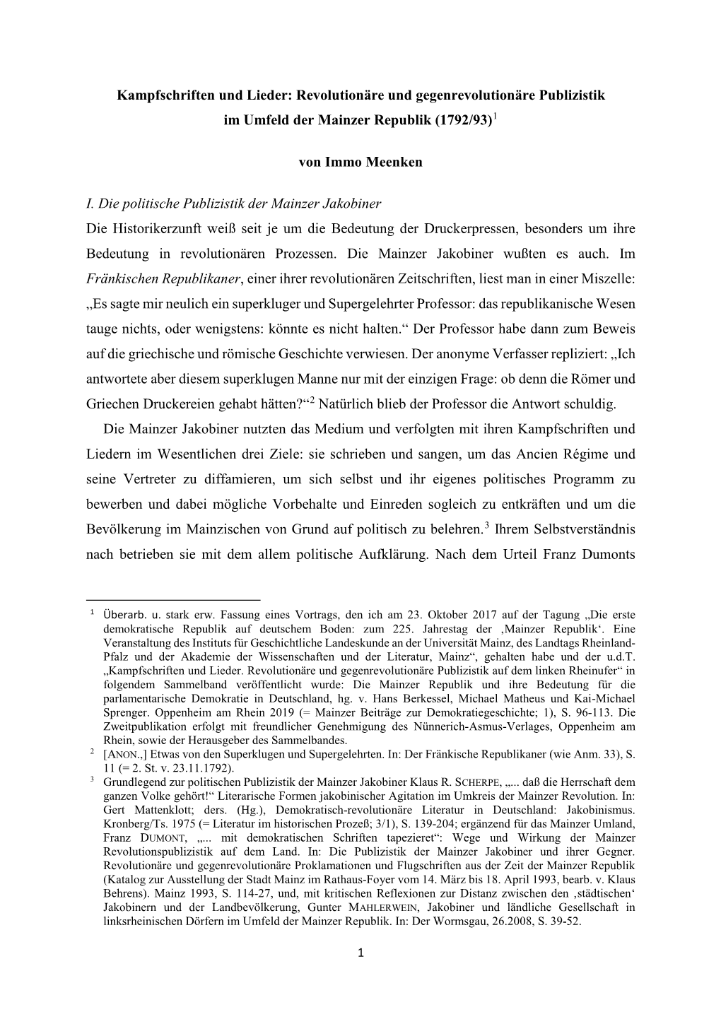 Revolutionäre Und Gegenrevolutionäre Publizistik Im Umfeld Der Mainzer Republik (1792/93)1