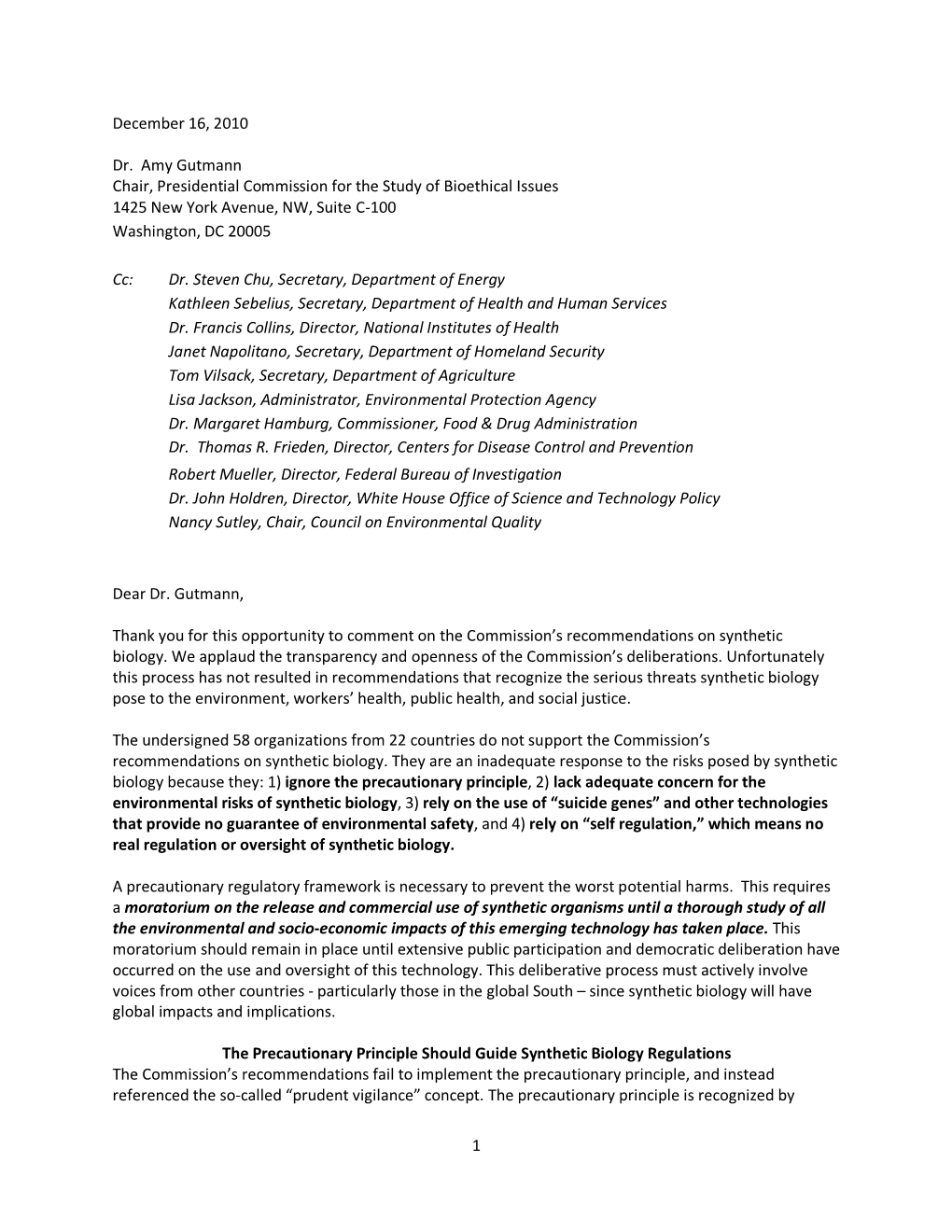 Civil Society Letter to Presidents Commission on Synthetic Biology.Pdf