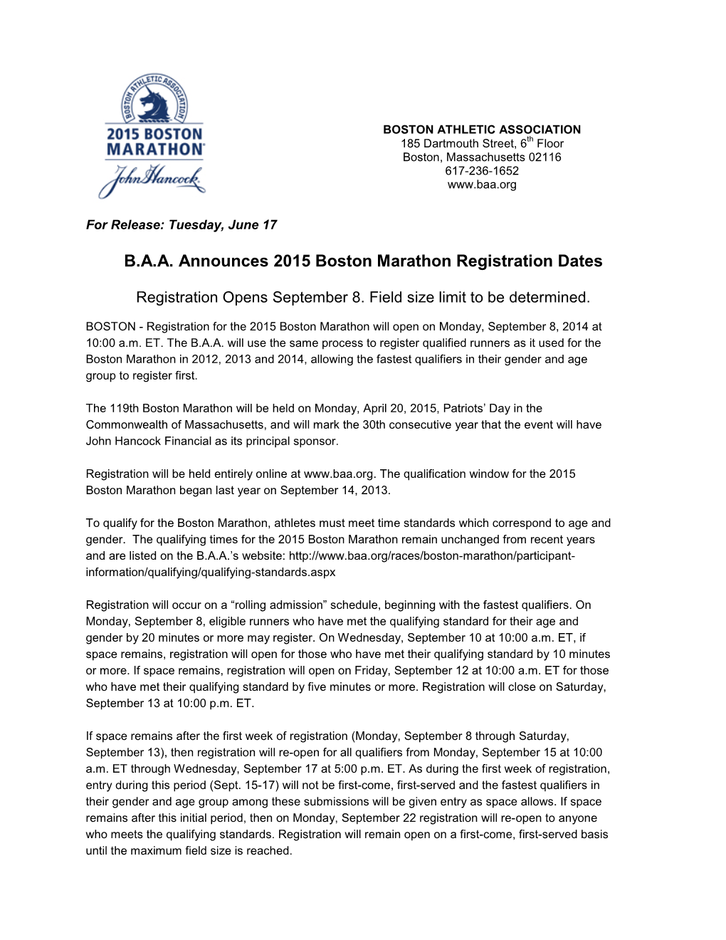 B.A.A. Announces 2015 Boston Marathon Registration Dates