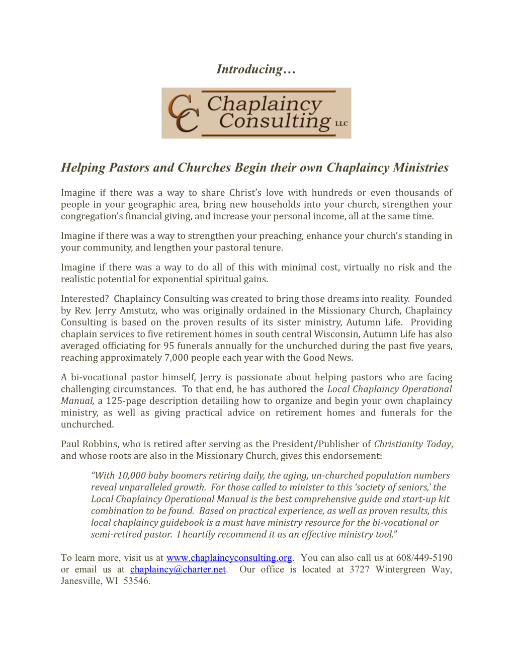 Helping Pastors and Churches Begin Their Own Chaplaincy Ministries