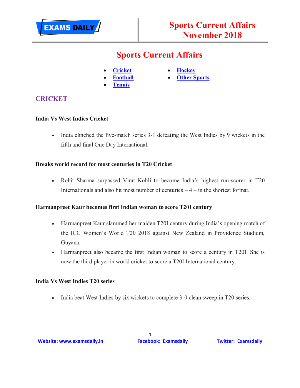 Sports Current Affairs November 2018 Sports Current Affairs