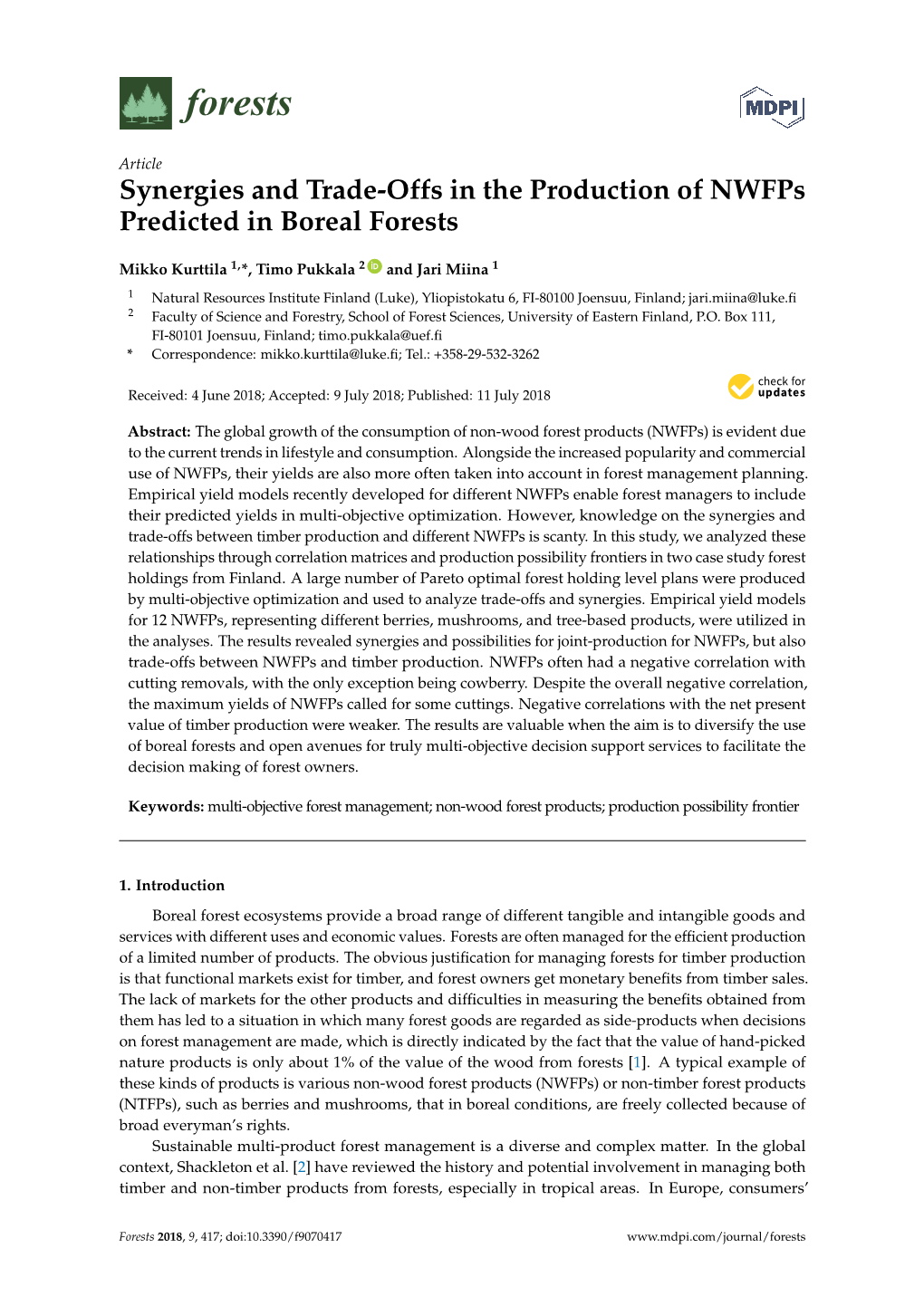 Synergies and Trade-Offs in the Production of Nwfps Predicted in Boreal Forests