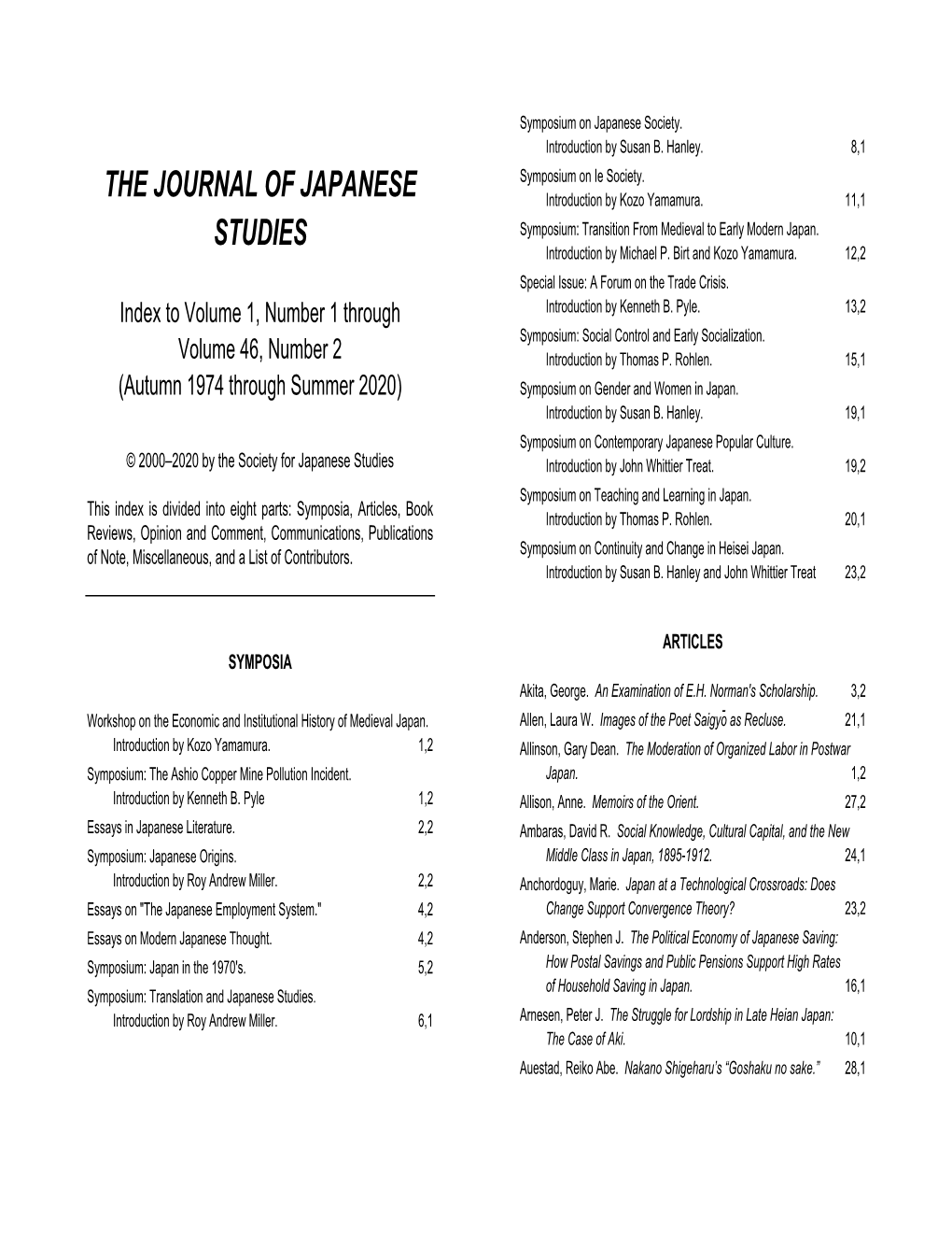 The Journal of Japanese Studies, Volumes 1:1 – 46:2 (1974 – 2020) Page 2