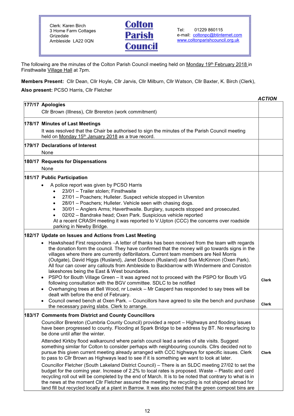 Colton Parish Council Meeting Held on Monday 19Th February 2018 in Finsthwaite Village Hall at 7Pm