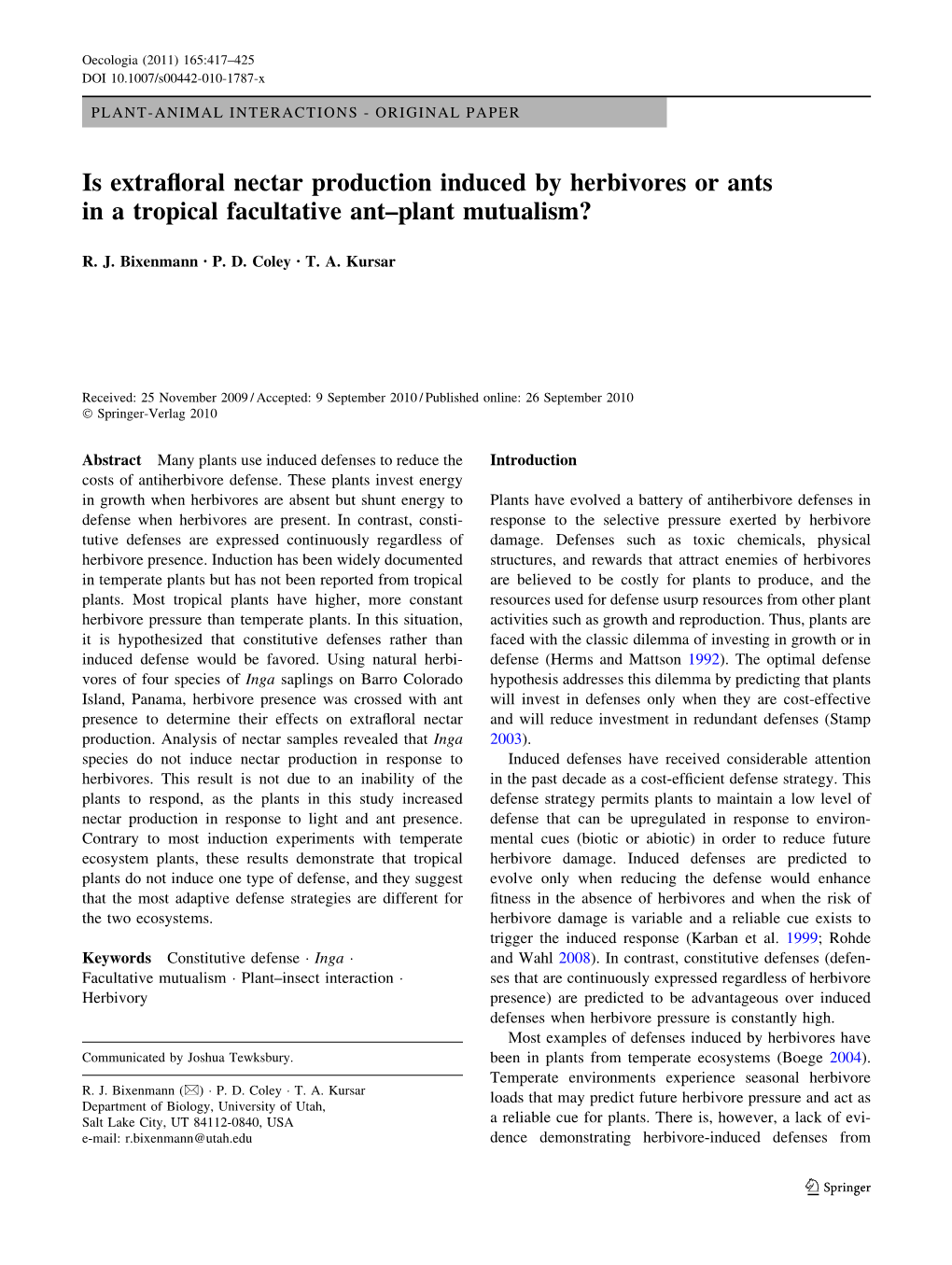 Is Extrafloral Nectar Production Induced by Herbivores Or Ants in A