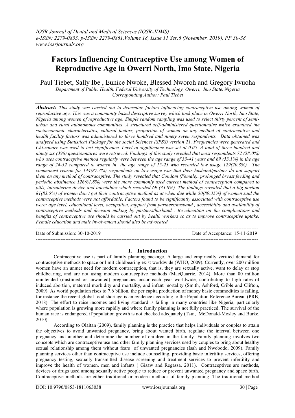 Factors Influencing Contraceptive Use Among Women of Reproductive Age in Owerri North, Imo State, Nigeria