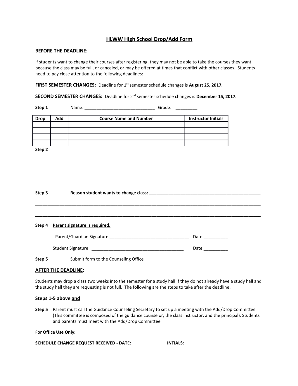 HLWW High School Drop/Add Form